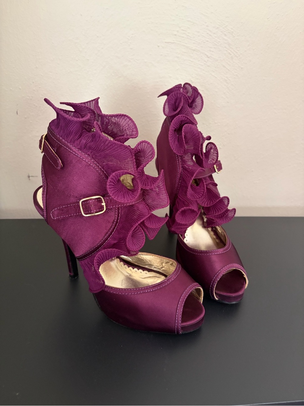 Wild Rose Plum Satin Ruffle Peep-Toe Heels